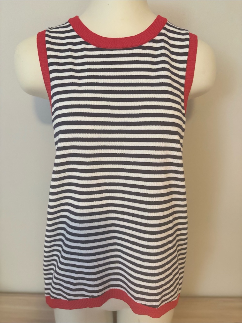 Sleeveless Striped Knit Tank with Red Trim - Women